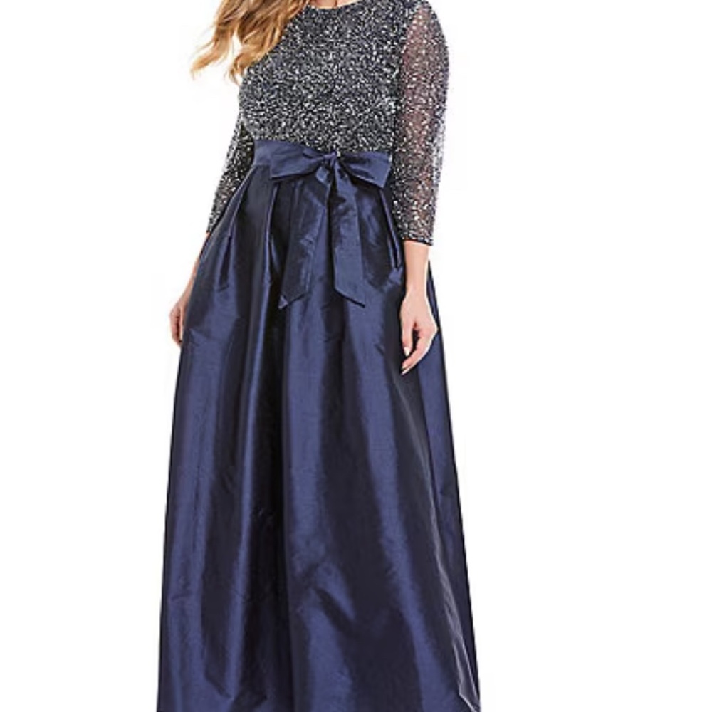 Pisarro Nights Plus Size 3/4 Sleeve Beaded Bodice Round Neck Taffeta Gown